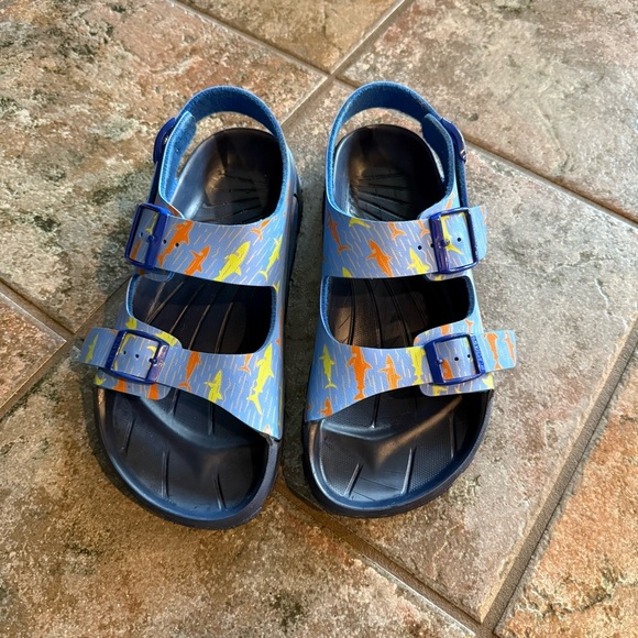 Birkis Blue Sandals with Orange and Yellow Accents size 40 - Picture 2 of 8